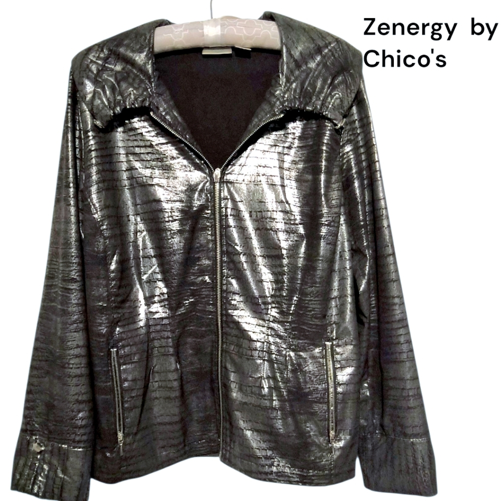 Zenergy by Chico's Metallic Croc Silver Gunmetal Foil Print Full Zip Jacket
